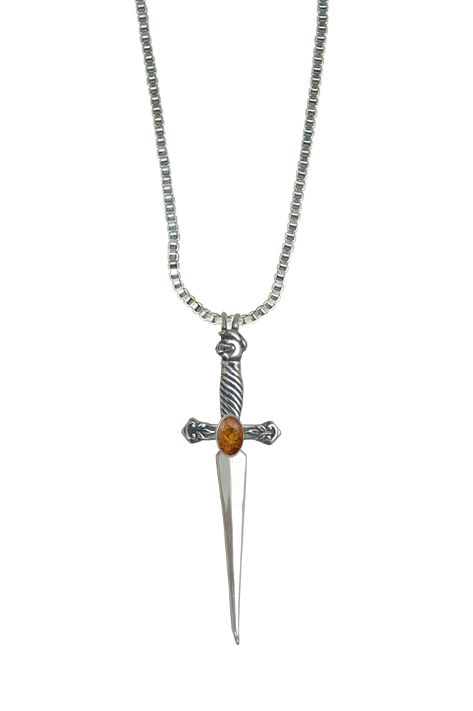 Sterling Silver Detailed Knight's Sword Pendant With Amber